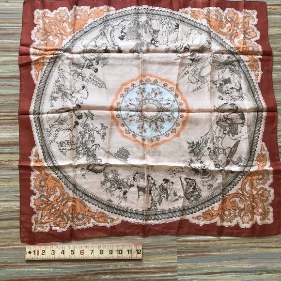 SILK ROAD MAP Orange Red and Cream Scarf 💯 % Silk - Picture 5 of 5